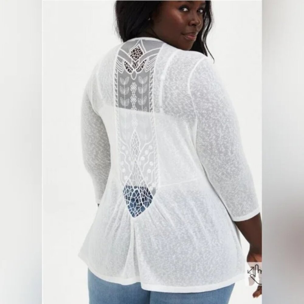 Torrid White Slub 3/4 Sleeve Lace Back Sweater Cardigan Kimono Size 2/2X
